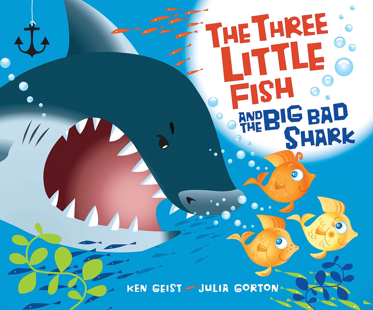 Shark with open mouth and 3 small fish