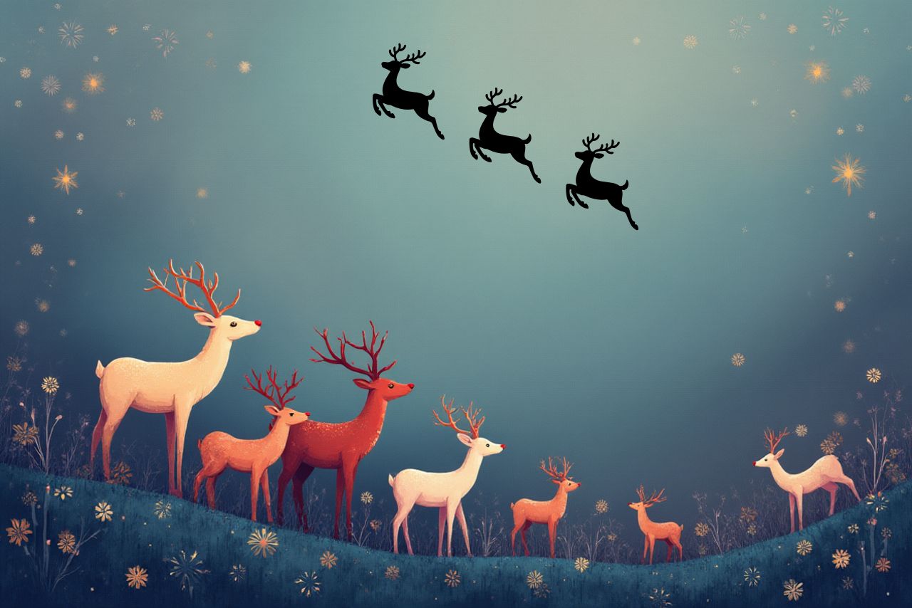 seven reindeer standing in a field, three reindeer flying overhead 