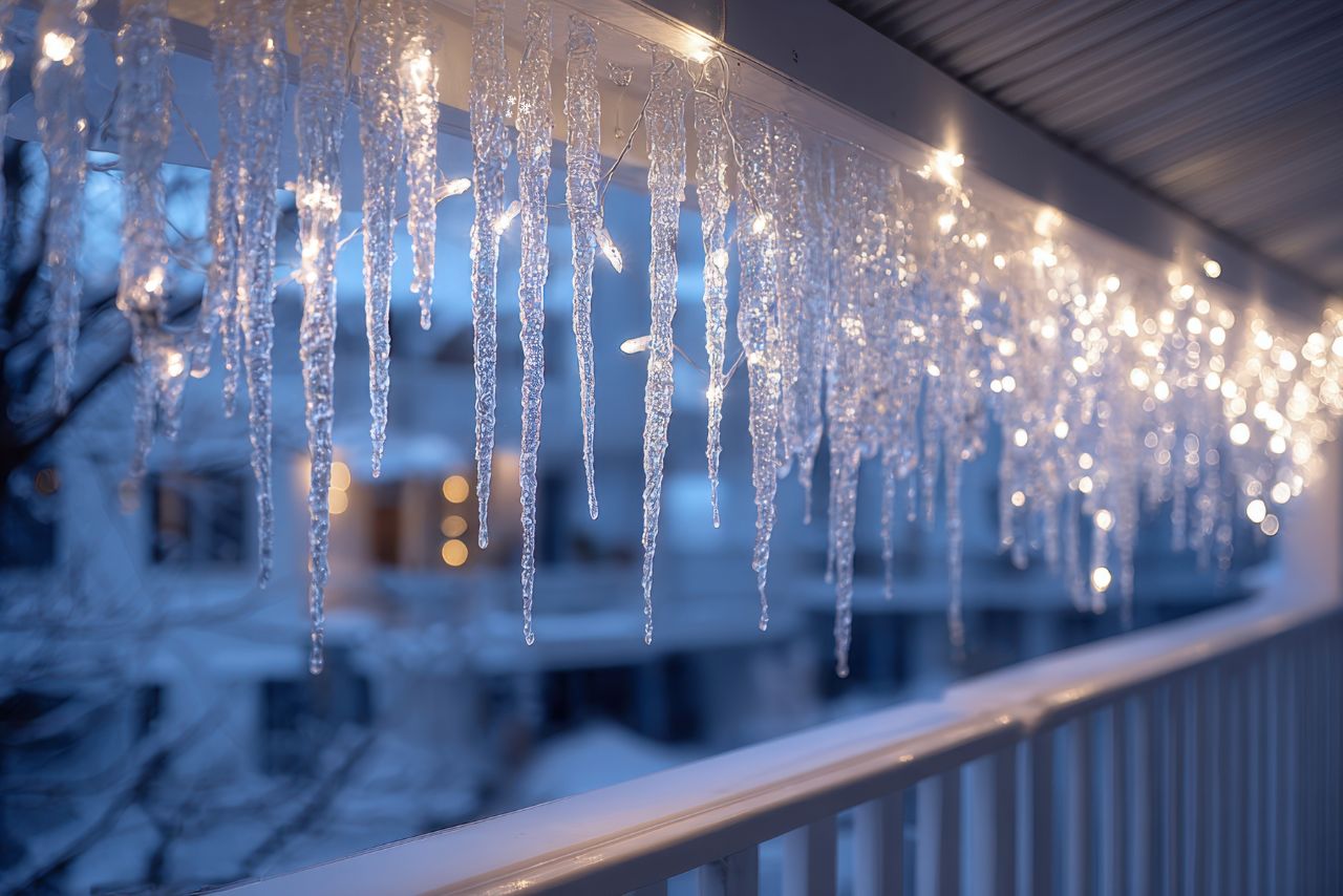 icicles and white christmas lights hanging from porch roof
