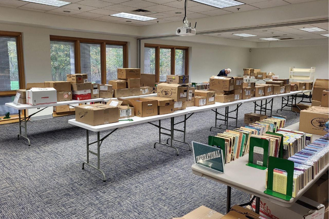boxes and books on tables